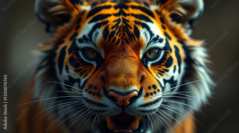 Fototapeta premium Intense Tiger Face Close-up Portrait with Striking Orange and Black Stripes