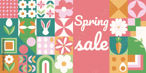 Wielkanocny sprzedażowy baner z mozaiką z świątecznymi symbolami. Wiosenny geometryczny wzór z królikiem, jajkami i kwiatami.