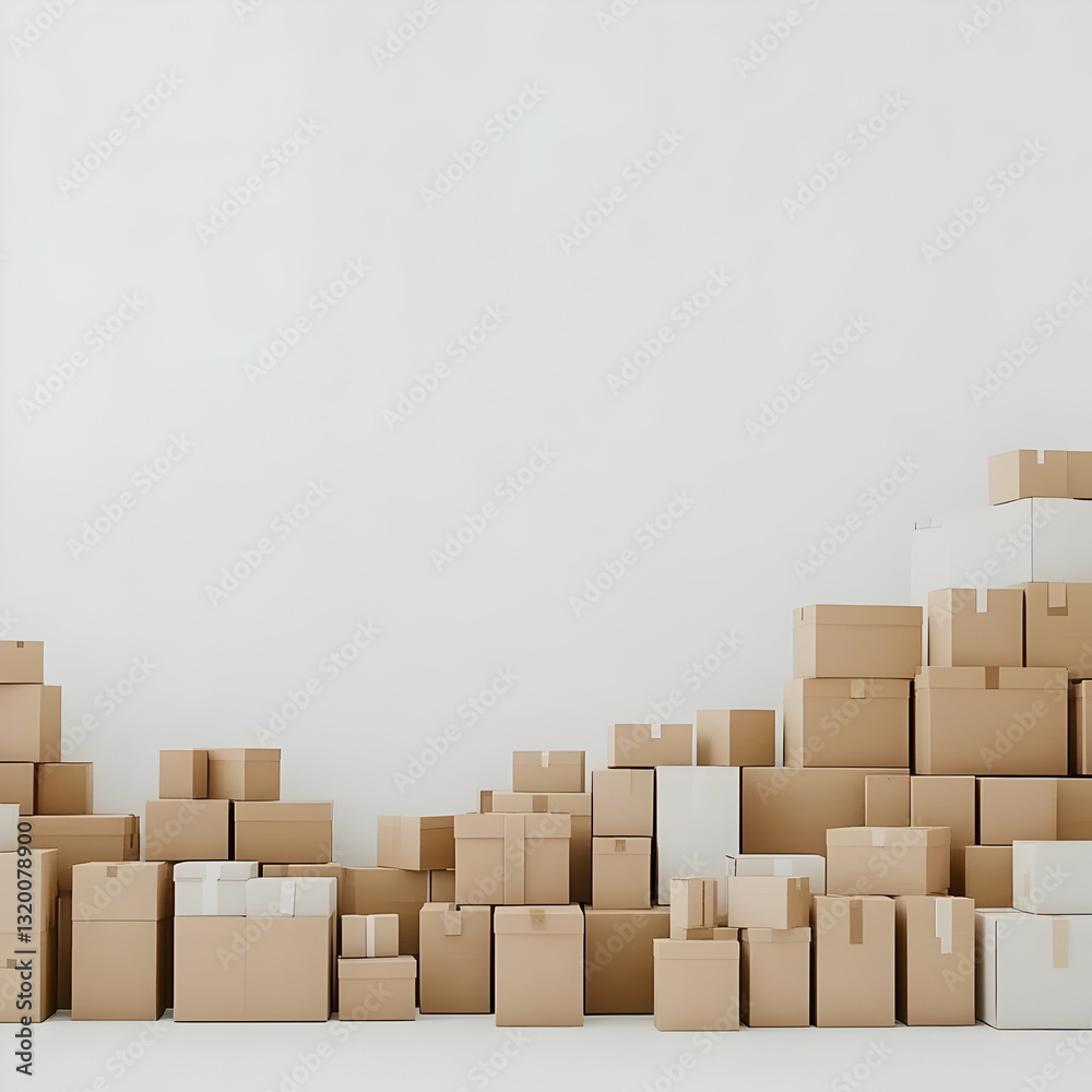 3D Rendering of Cardboard Boxes Stacked Against a White Wall, illustrating storage, shipping, and moving concepts. 3D Rendering of Cardboard Boxes Stacked Against a White Wall, illustrating storage, shipping, and moving concepts.