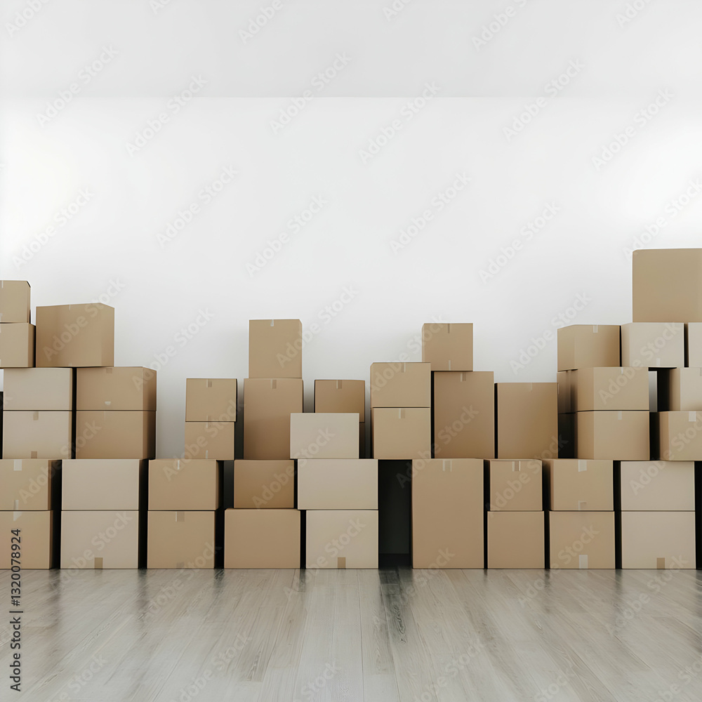 Many Cardboard Boxes Stacked Against a White Wall in a Room with Light Wood Flooring Many Cardboard Boxes Stacked Against a White Wall in a Room with Light Wood Flooring