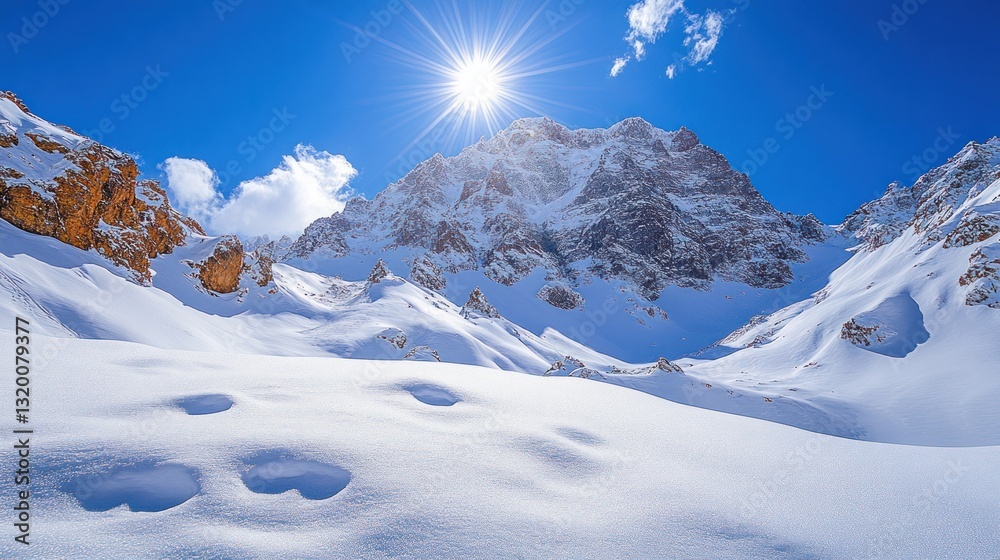 Obraz premium Snowy mountain scene shows bright sun and blue sky clearly