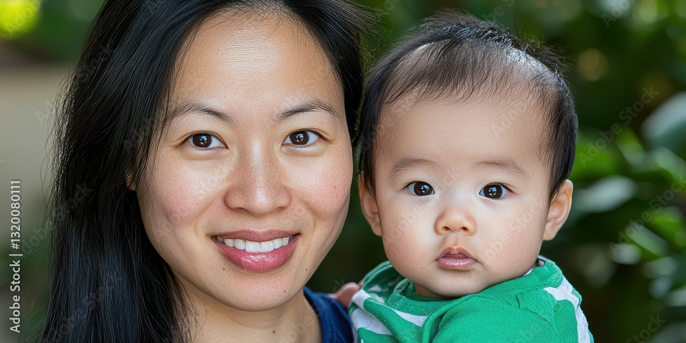 A woman is holding a baby. The baby is wearing a green shirt. The woman has dark hair