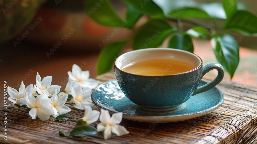 Captivating close-up of a blue-and-white ceramic teacup and saucer perched on a textured woven surface, featuring a deep blue pot with a delicate light blue rim Captivating close-up of a blue-and-white ceramic teacup and saucer perched on a textured woven surface, featuring a deep blue pot with a delicate light blue rim