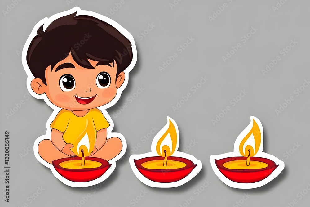 Cheerful Cartoon Boy Lighting Festive Diya Candles; A Vibrant Illustration of a Child Celebrating a Holiday with Traditional Oil Lamps. Cheerful Cartoon Boy Lighting Festive Diya Candles; A Vibrant Illustration of a Child Celebrating a Holiday with Traditional Oil Lamps.