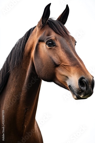 A bay horse set against a white backdrop.