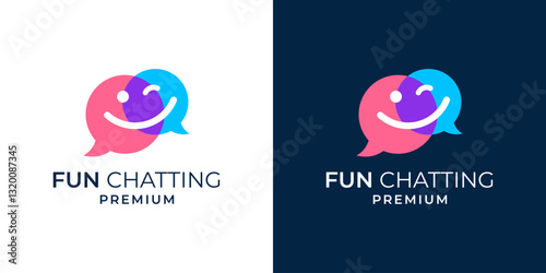 Smiling chat logo. Funny chat logo design vector illustration template. Chat bubble logo with smiling face symbol illustration. Vector logo design of people, talking, fun, chat, kids, education.