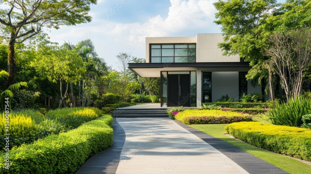Fototapeta premium Modern Luxury Home Entrance with Clean Lines, Surrounded by Greenery, Under a Clear Blue Sky, Minimalistic and Serene Design. 