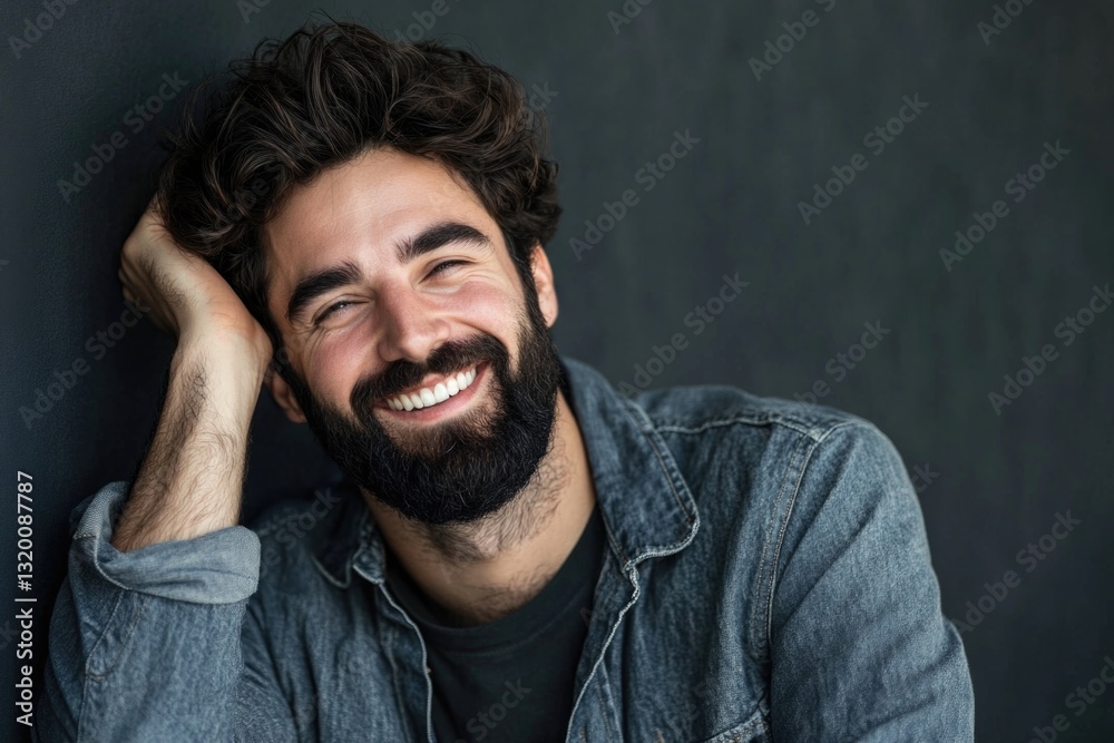 A bearded man is smiling as he strikes a pose for a photo. A bearded man is smiling as he strikes a pose for a photo.