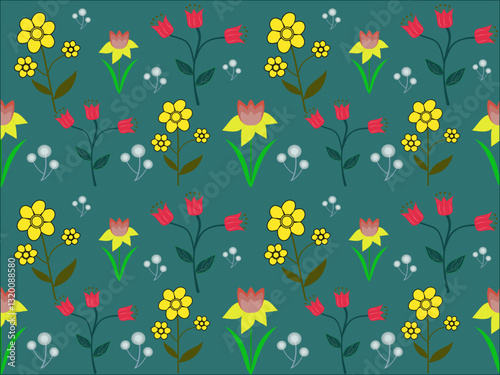 Seamless floral pattern with flowers and leaves in yellow, perfect for spring and summer wallpaper or textile design