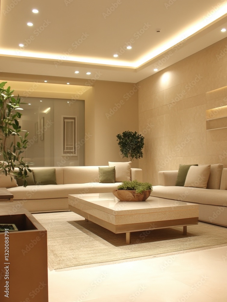 Fototapeta premium A luxurious beige, light-colored rectangular area rug graces the floor, adding warmth and elegance to the room with its soft texture and timeless design