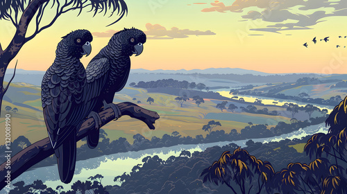 Two Black Cockatoos Perched on Branch Overlooking Serene Valley Pixel Art Landscape at Sunset