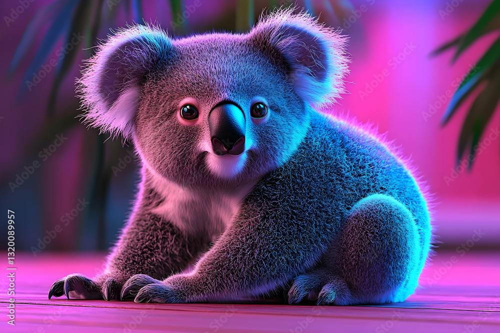 Adorable Koala Sitting under Artificial Pink and Blue Lighting with Blurred Green Foliage in the Background Adorable Koala Sitting under Artificial Pink and Blue Lighting with Blurred Green Foliage in the Background