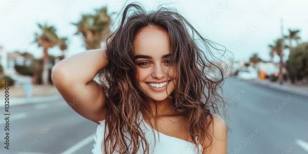A woman with long hair is smiling and standing on a street A woman with long hair is smiling and standing on a street