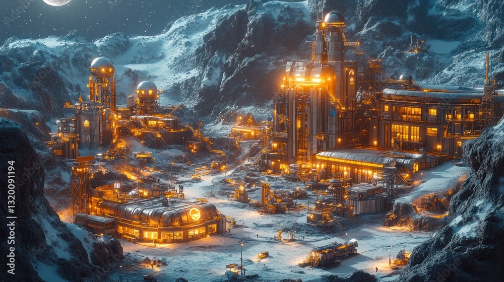 Illuminated Lunar Industrial Complex Amidst Snowy Mountains
