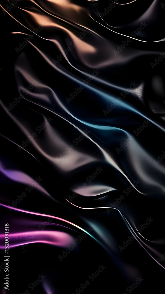 Abstract 3D Render of Dark Iridescent Fabric Draped Elegantly with Subtle Color Shifts, Creating a Luxurious and Mysterious Background Abstract 3D Render of Dark Iridescent Fabric Draped Elegantly with Subtle Color Shifts, Creating a Luxurious and Mysterious Background