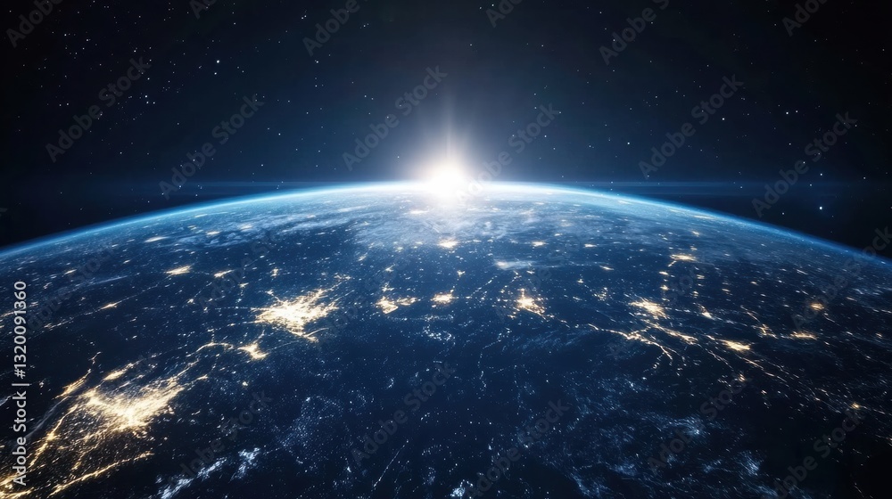 Obraz premium Night view of planet Earth showcasing vibrant light lines representing global connections and communication technologies