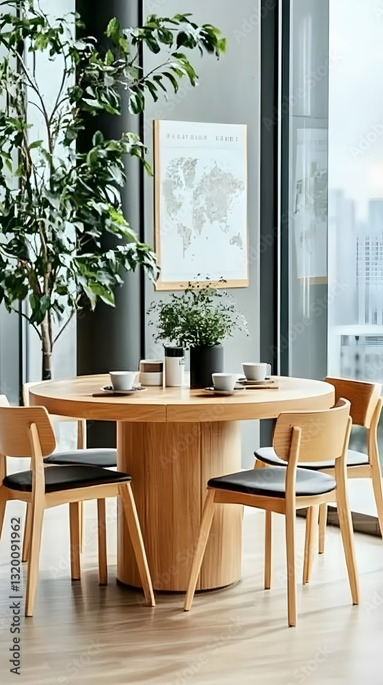 Modern Light Wood Dining Table with Four Chairs, Minimalist Setting, City View Modern Light Wood Dining Table with Four Chairs, Minimalist Setting, City View