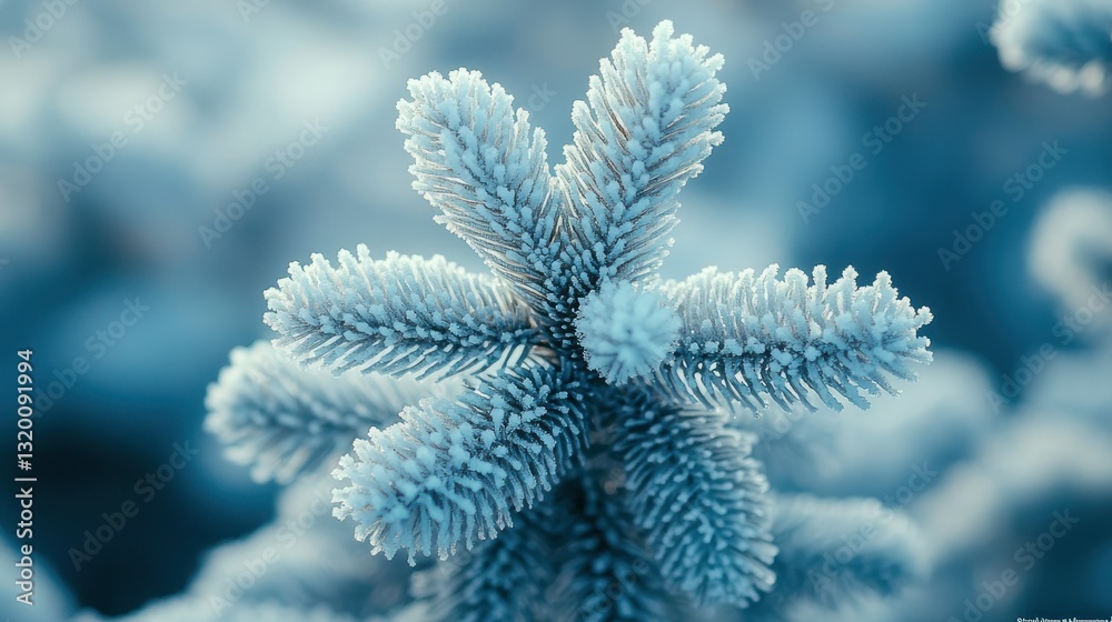 Frosted fir branch, icy blue tones. Winter's cold embrace, nature's beauty Frosted fir branch, icy blue tones. Winter's cold embrace, nature's beauty
