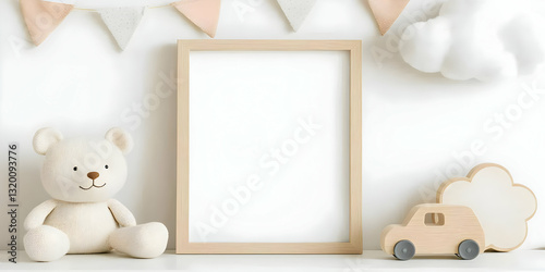 Mockup of a Blank Wooden Frame with Knitted Teddy Bear and Wooden Toys on a White Shelf against a Pastel Background