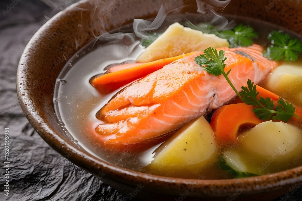 Bowl of salmon soup with vegetables including carrots potatoes and herbs in a rustic setting
Bowl of salmon soup with vegetables including carrots potatoes and herbs in a rustic setting