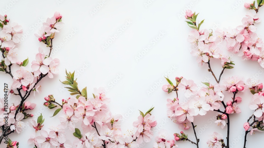 Fototapeta premium Delicate pink or peach blossoms against a white gray background