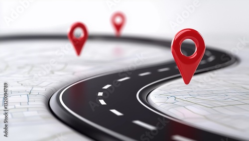 Road with red location pins marking points of interest along the route