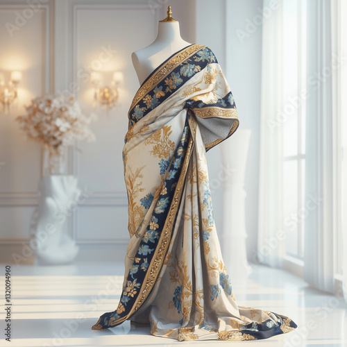 Digital saree mockup with floral design in blue and gold, presented with rotating 3D effect on virtual mannequin in a room with clean white background . ai generated images.