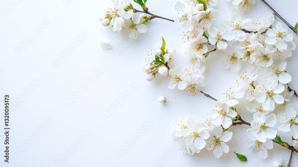 Delicate cherry blossoms in the corner of a white gray background Delicate cherry blossoms in the corner of a white gray background