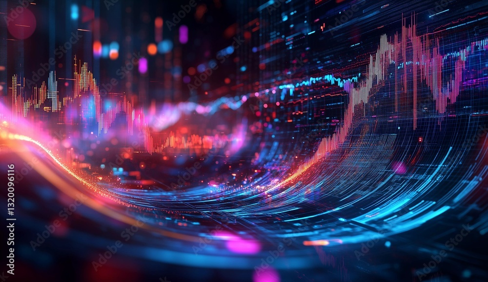Fototapeta premium Dynamic data visualization showcasing vibrant digital wave patterns and colorful financial charts