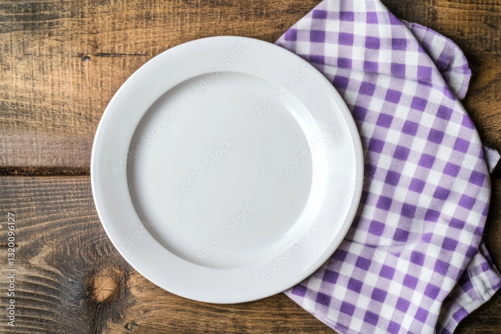 A blank white circular plate rests on a wooden table, accompanied by a linen napkin. This overhead perspective showcases a white ceramic plate set against a rustic wooden surface, paired with a purpl A blank white circular plate rests on a wooden table, accompanied by a linen napkin. This overhead perspective showcases a white ceramic plate set against a rustic wooden surface, paired with a purpl