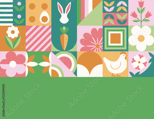 Wielkanocna pocztówka z mozaiką z świątecznymi symbolami. Wiosenny geometryczny wzór z królikiem, jajkami i kwiatami.