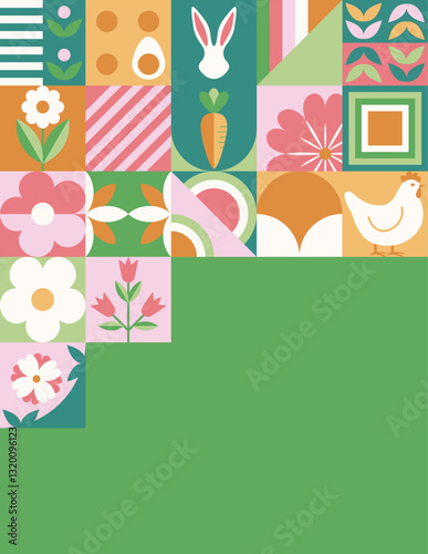 Wielkanocny baner z mozaiką z świątecznymi symbolami. Wiosenny geometryczny wzór z królikiem, jajkami i kwiatami.