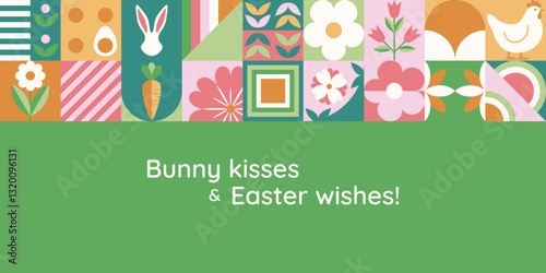 Wielkanocny baner z mozaiką z świątecznymi symbolami. Wiosenny geometryczny wzór z królikiem, jajkami i kwiatami.