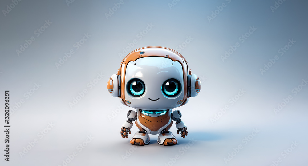 A charming, small robot with big blue eyes and a friendly smile is standing on a white surface. The robot is colored orange and white with rounded, soft features. A charming, small robot with big blue eyes and a friendly smile is standing on a white surface. The robot is colored orange and white with rounded, soft features.
