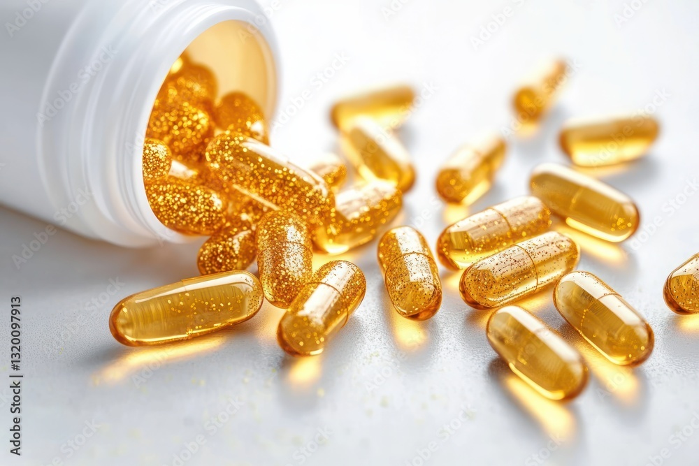 Golden Softgel Capsules Spilled from White Container Omega 3 Fish Oil Supplement Golden Softgel Capsules Spilled from White Container Omega 3 Fish Oil Supplement