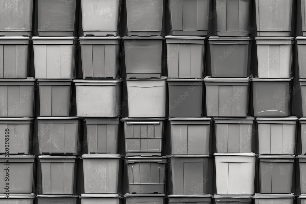 Seamless pattern of stacked plastic storage bins in grayscale, creating a geometric and repetitive design. Seamless pattern of stacked plastic storage bins in grayscale, creating a geometric and repetitive design.