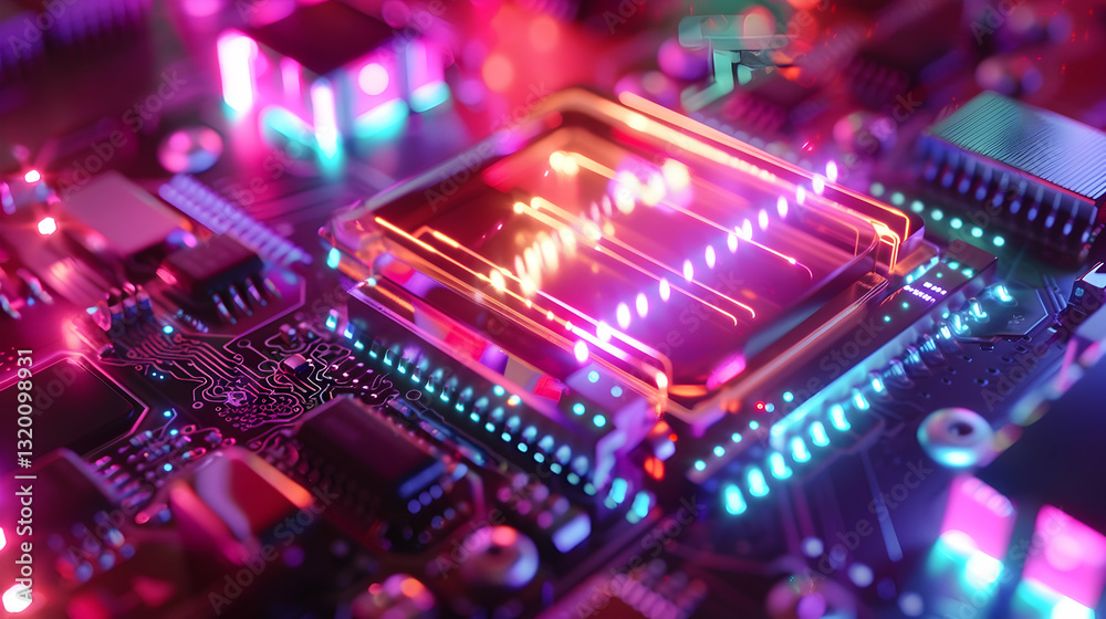 Obraz premium Macro Shot of Electronic Circuit Board with Neon Lights and Complex Details Featuring Integrated Microchips and Vibrant Colors