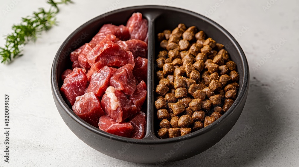 Fresh Meat and Dry Kibble for Pet Nutrition in a Stylish Bowl Fresh Meat and Dry Kibble for Pet Nutrition in a Stylish Bowl
