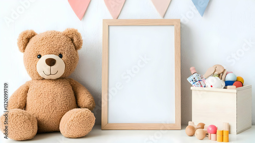 Adorable Teddy Bear and Wooden Toys Beside a Blank Frame in a Nursery Setting