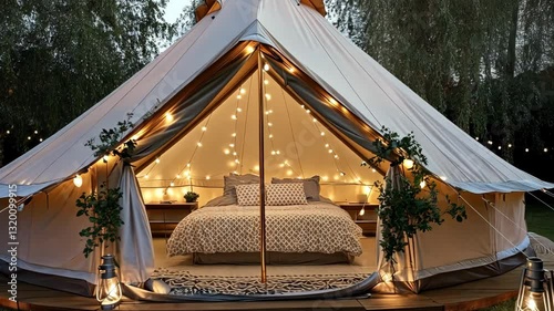Cozy glamping tent adorned with fairy lights in a serene outdoor setting during twilight