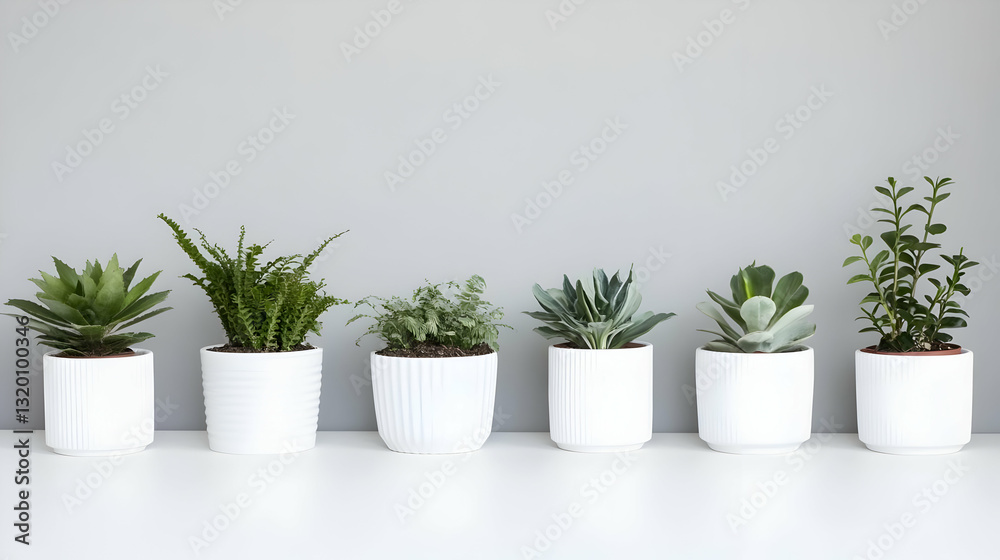 Five potted plants with green leaves arranged neatly on a white surface against a gray background. Five potted plants with green leaves arranged neatly on a white surface against a gray background.