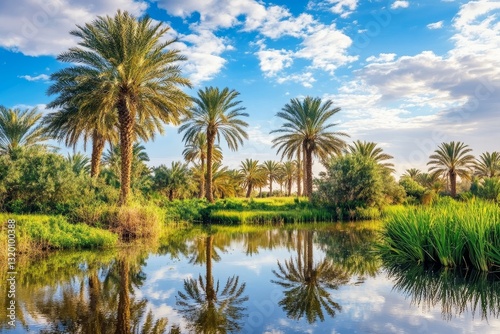 Serene Oasis with Palm Trees and Reflections in Calm Water