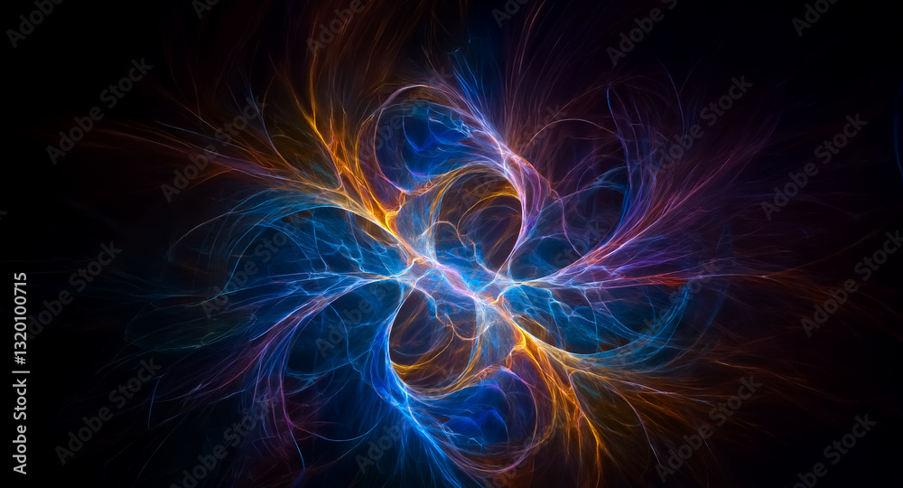 Naklejka premium Abstract fractal art featuring swirling blue, orange, and purple lines against a dark backdrop. It evokes a sense of dynamic energy and vibrant movement.