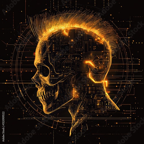 Cybernetic Skull Illustration with Glowing Circuit Elements and Technological Background