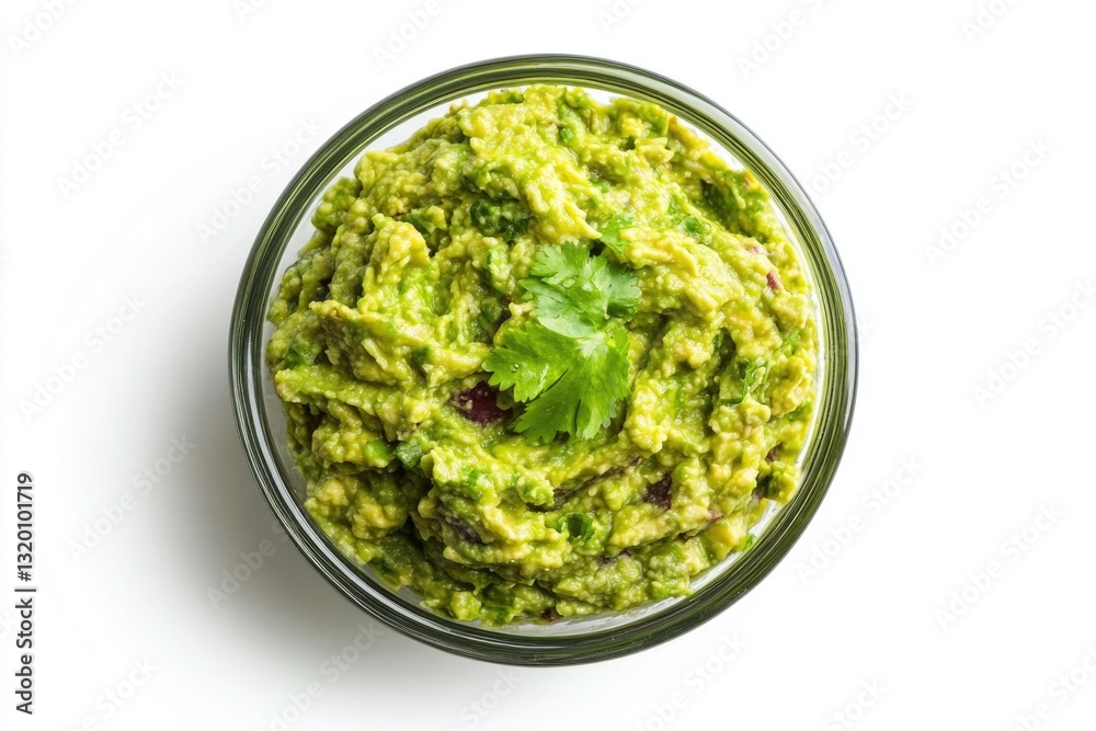 A bowl of guacamole is displayed alone against a clear background, seen from a top-down perspective. A bowl of guacamole is displayed alone against a clear background, seen from a top-down perspective.
