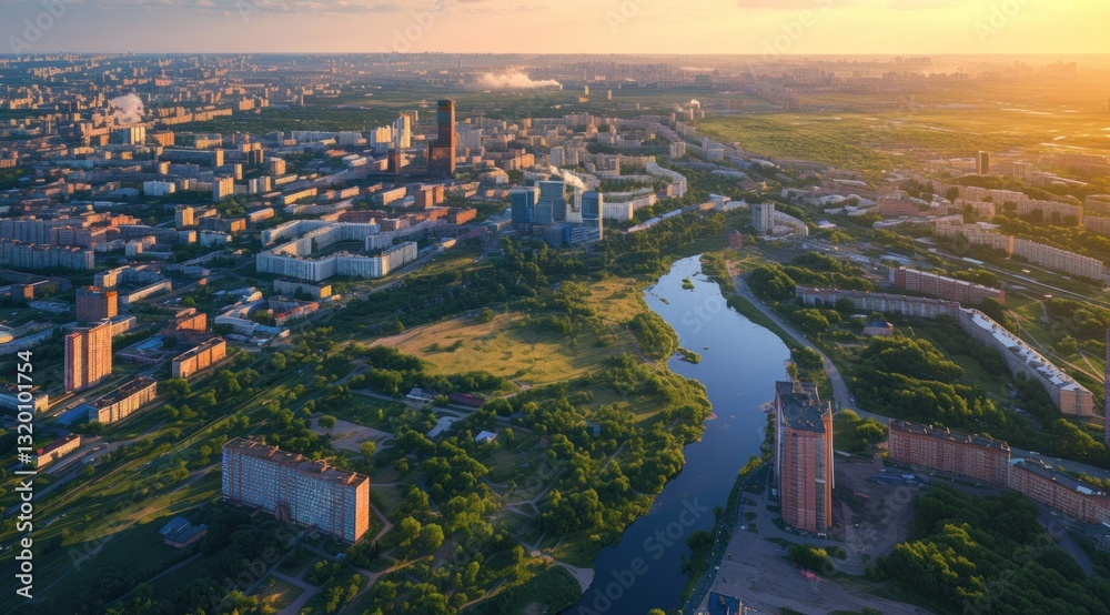 Cityscape at Sunset Over River with Parks Cityscape at Sunset Over River with Parks
