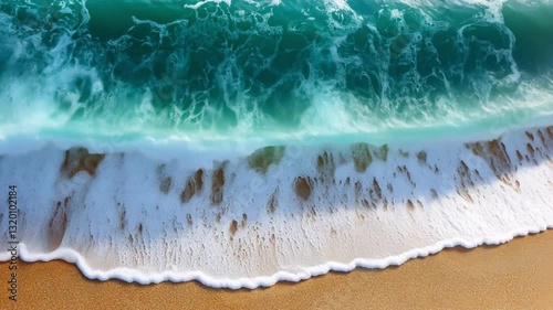 Turquoise Tide's Embrace: The image captures the rhythmic dance of the ocean as vibrant turquoise waves gently caress the golden shore, evoking a sense of tranquility and the raw beauty of nature. 