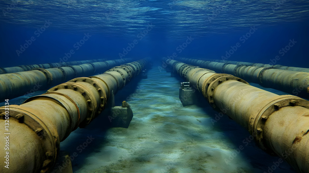 Underwater 3D Render of Aged Industrial Pipes Lying on Ocean Floor, Showing Rusted Metal Texture and Deep Blue Water Background Underwater 3D Render of Aged Industrial Pipes Lying on Ocean Floor, Showing Rusted Metal Texture and Deep Blue Water Background