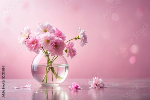 Delicate Pink Blossoms in a Clear Glass Vase on a Soft Pink Background