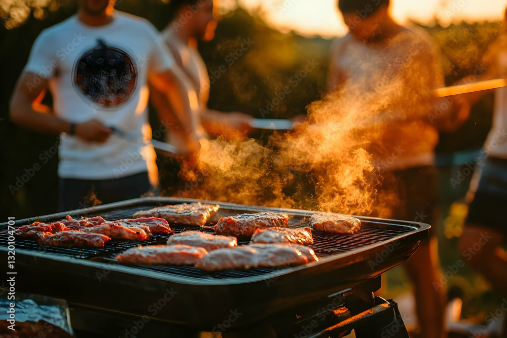 Delicious Steaks Sizzle and Smoke on a Grill at Sunset during an Outdoor Gathering Delicious Steaks Sizzle and Smoke on a Grill at Sunset during an Outdoor Gathering